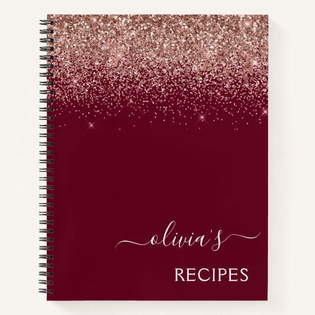 Cookbook Rose Gold Pink Burgundy Glitter Monogram Notebook (Front)