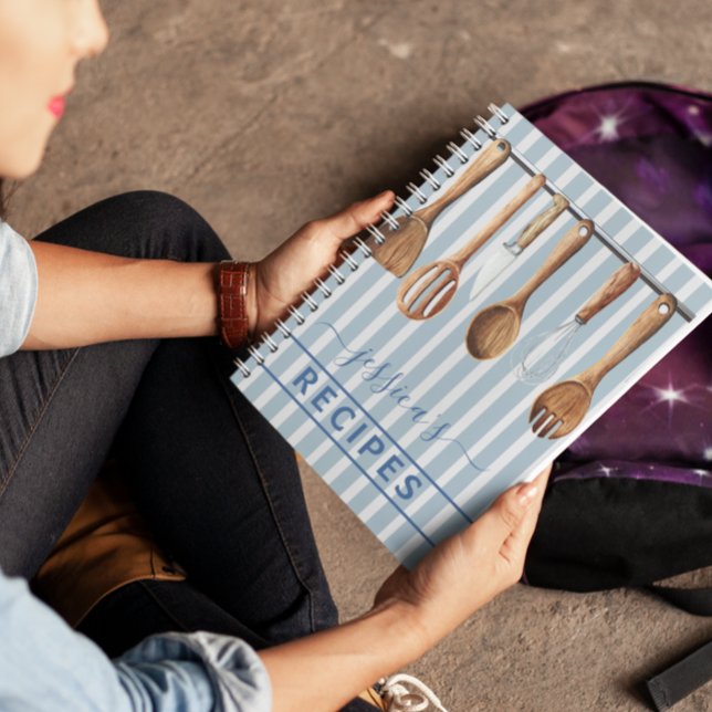 Cookbook Watercolor Recipes Utensils Modern Blue Notebook (Creator Uploaded)