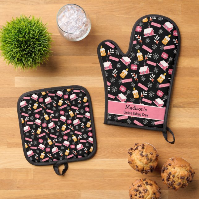 Cookie Baking Crew Winter Snowflake Pattern Custom Oven Mitt & Pot Holder Set (Top Down)
