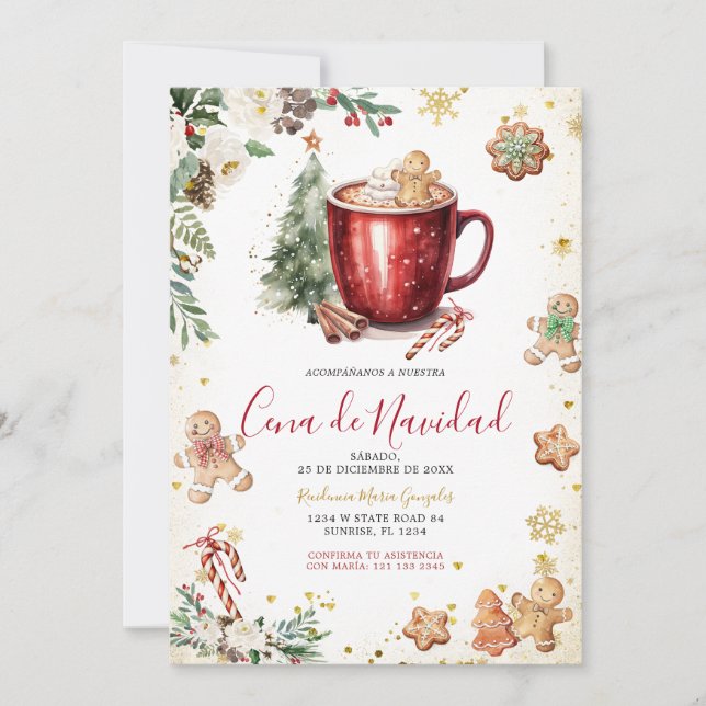 Cookie Cocoa Christmas Spanish Cena De Navidad Invitation (Front)