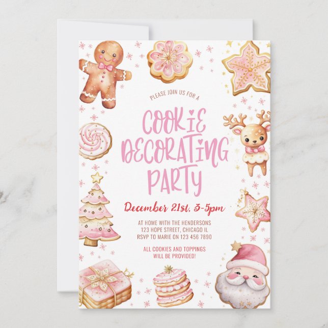 Cookie Decorating Pink Christmas Holiday Party   Invitation (Front)