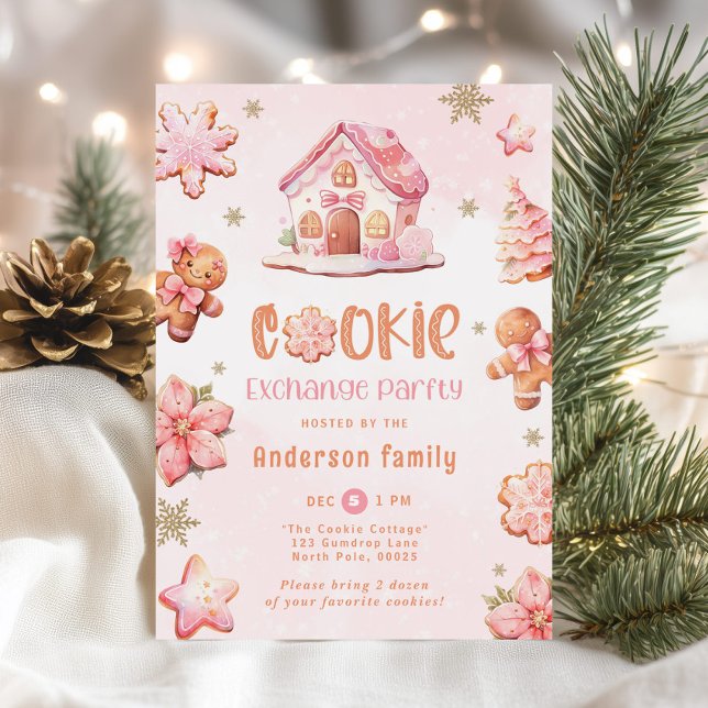 Cookie exchange party Christmas pink gingerbread Invitation (Creator Uploaded)