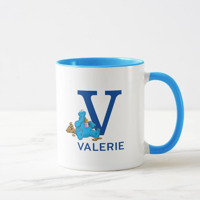 Cookie Monster Eating Cookies Name & Monogram V Mug (Right)