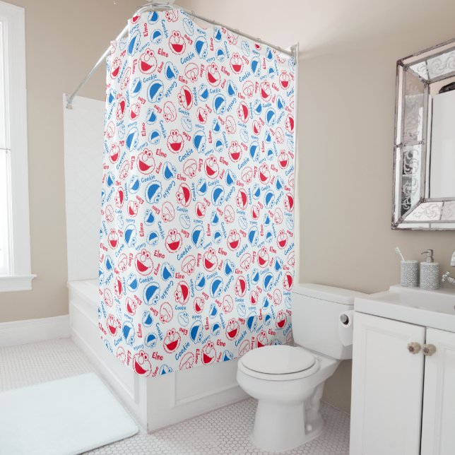 Cookie Monster & Elmo | Red & Blue Pattern Shower Curtain (In Situ)