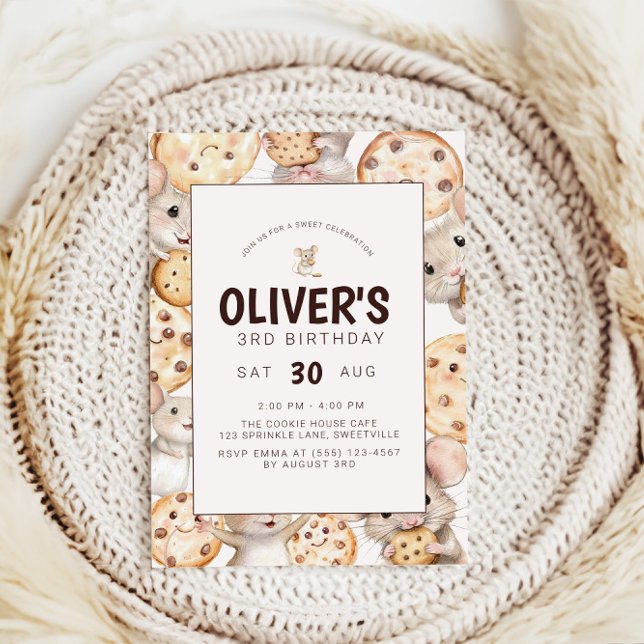 Cookie & Mouse Kids Birthday Invitation (Sweet Cookie Mouse Theme Kid Birthday Invitation)