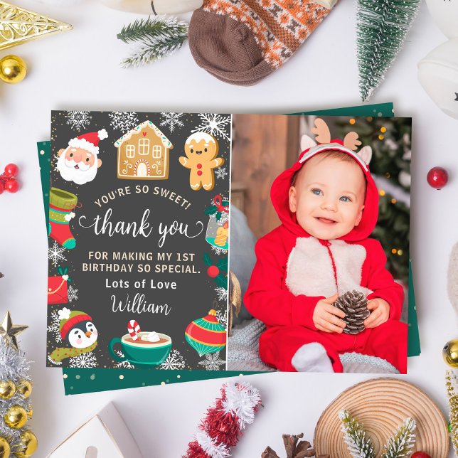 Cookies and Cocoa Gingerbread Kids Birthday Photo Thank You Card (Creator Uploaded)