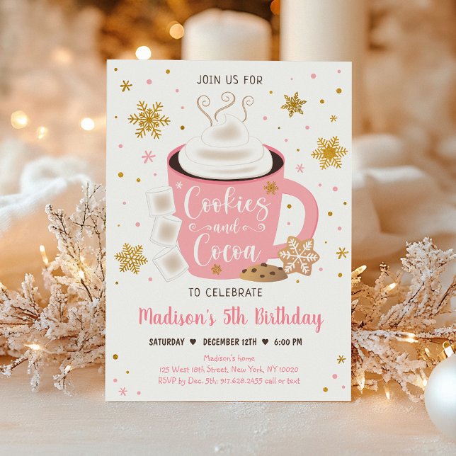 Cookies and Cocoa Pink Gold Winter Birthday Invitation (Creator Uploaded)
