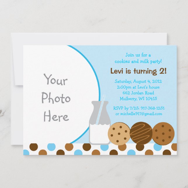 Cookies and Milk Blue Photo Birthday Invitations (Front)