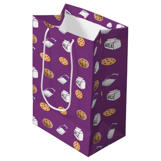 Cookies and milk on purple medium gift bag (Front Angled)
