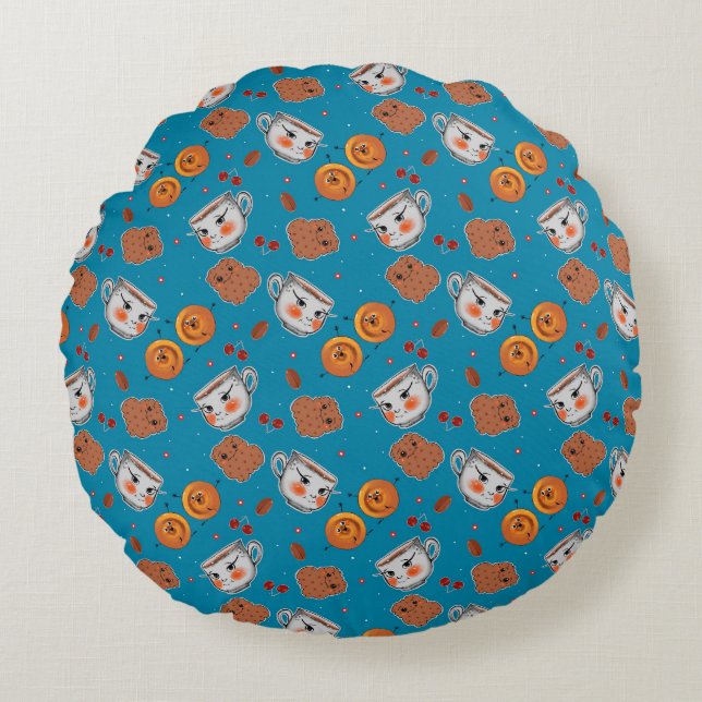 Cookies, buns: blue background pattern round cushion (Front)