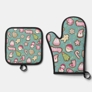 Cookies Christmas Turquoise Oven Mitt & Pot Holder Set