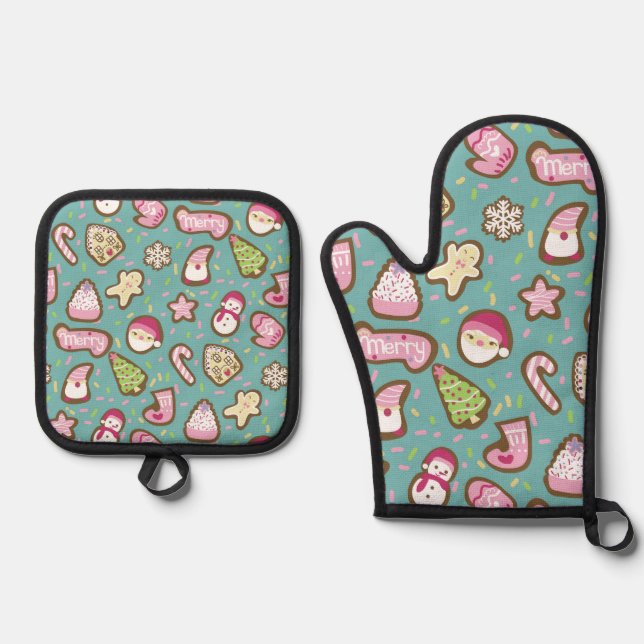 Cookies Christmas Turquoise Oven Mitt & Pot Holder Set (Front)