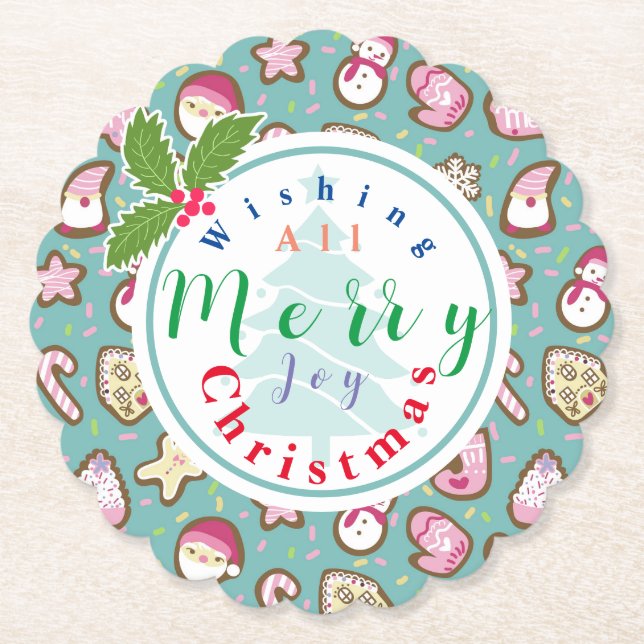 Cookies Christmas Turquoise Paper Coaster (Front)