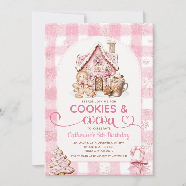 Cookies & Cocoa Birthday Pink Snowflakes Holiday Invitation (Front)