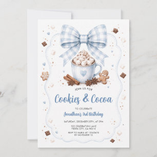 Cookies & Cocoa Blue Bow Gingerbread Boy Birthday Invitation