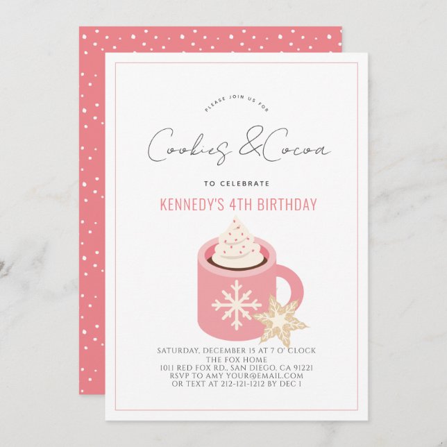 Cookies & Cocoa Hot Chocolate Pink Mug Birthday Invitation (Front/Back)