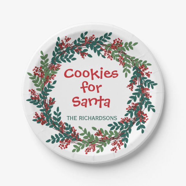 Cookies for Santa Christmas Wreath Paper Plate (Front)