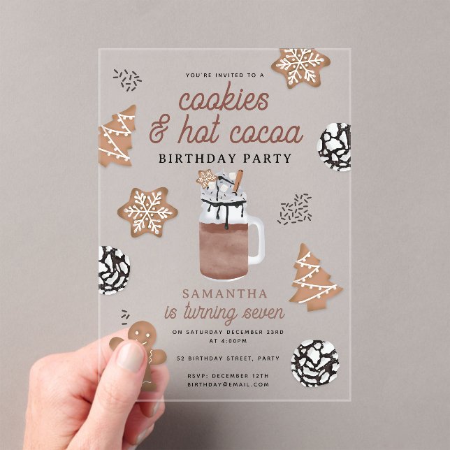 Cookies & Hot Cocoa Chocolate Kids Winter Birthday Acrylic Invitations (Insitu (Handheld))