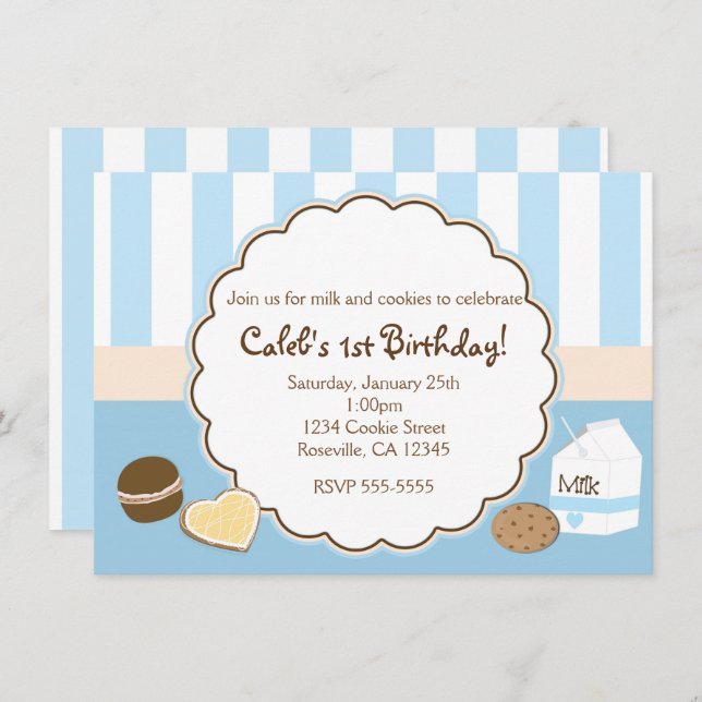 Cookies & Milk Blue Birthday Party Invitations (Front/Back)