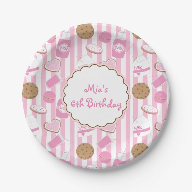 Cookies & Milk Pink Girls Birthday Party Plates (Front)