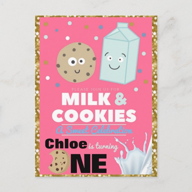 Cookies & Milk Pink & Gold Glitter| 1st Birthday Invitation Postcard (Front)