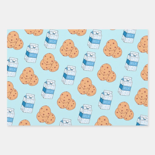 Cookies n Milk Blue White Pink Pattern  Wrapping Paper Sheet (Front)