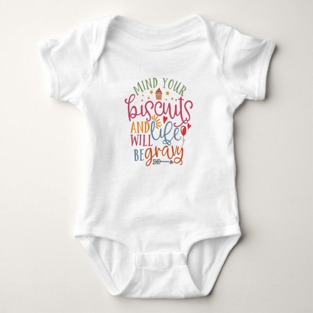 Cooking Artwork With Saying Mind Your Own Biscuits Baby Bodysuit (Front)
