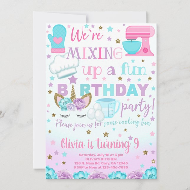Cooking, baking and unicorn girl birthday invite. invitation (Front)