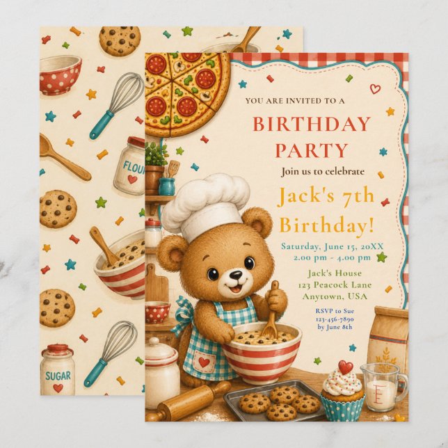Cooking Bear 7th Birthday Baking Party Invitation (Front/Back)