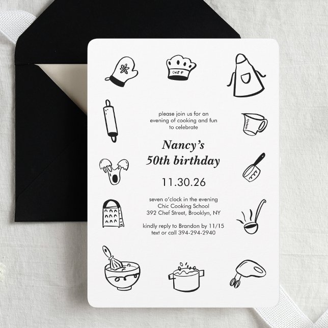 Cooking Birthday Party Hand Drawn Chef Minimalist  Invitation (Creator Uploaded)