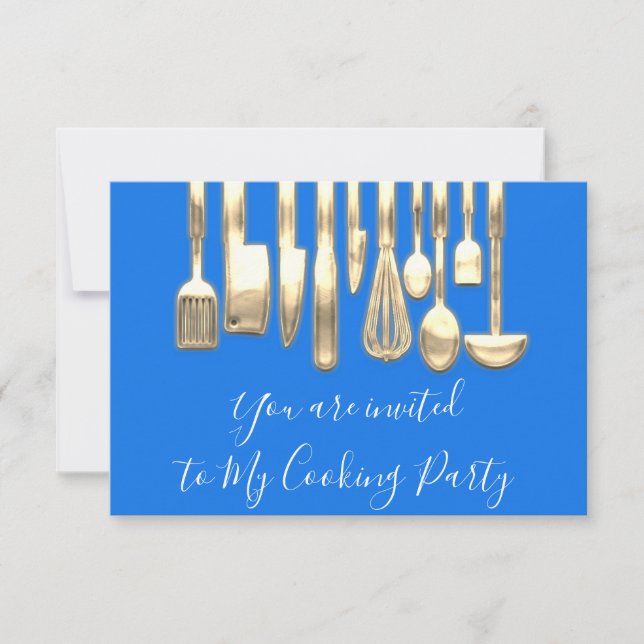 Cooking Party Chef Golden Kitchen Utensils Blue  Invitation (Front)