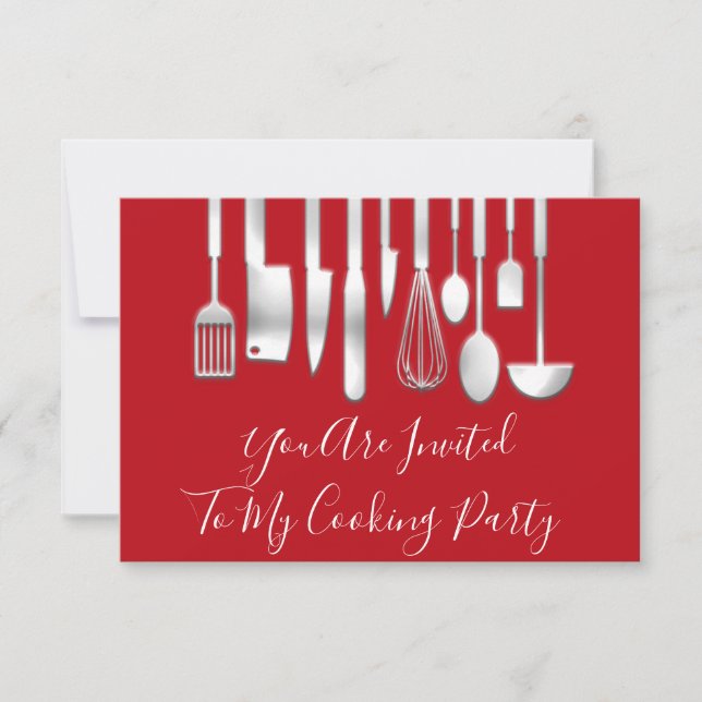 Cooking Party Chef Kitchen Restaurant Red Silver  Invitation (Front)