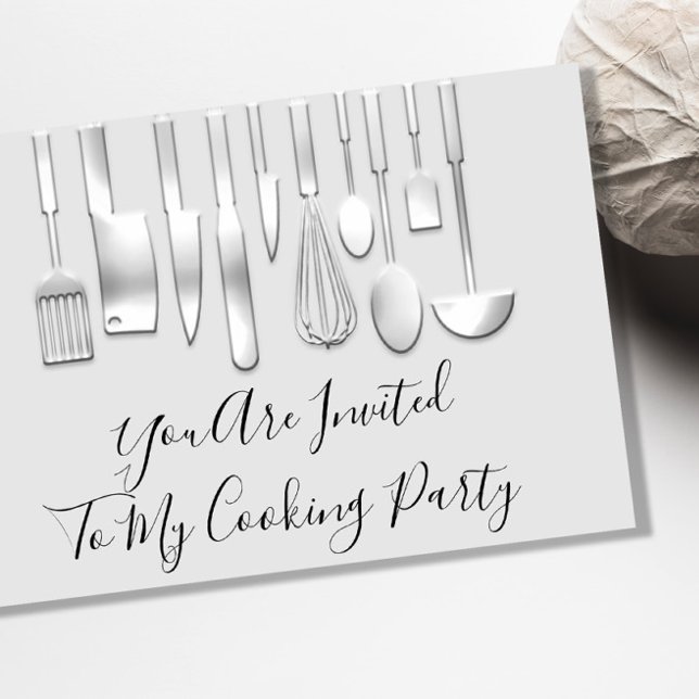 Cooking Party Chef Kitchen Restaurant White Silver Invitation (Creator Uploaded)