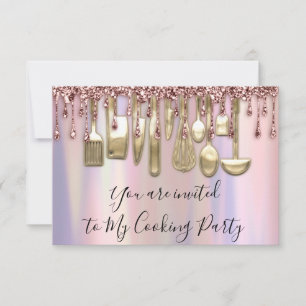 Cooking Party Chef Kitchen Rose Drips Holograph Invitation