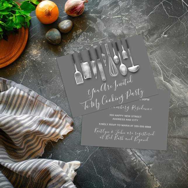 Cooking Party Chef  Kitchen White Grey Silver Invitation (Cooking Party Chef Kitchen White Gray Silver Invitation)