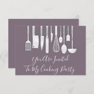 Cooking Party Chef Kitchen White Grey Violet Purpl Invitation