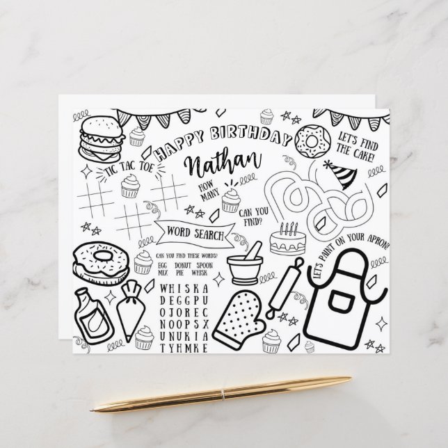 Cooking Party Colouring Placemat Baking Little Che (Front/Back In Situ)