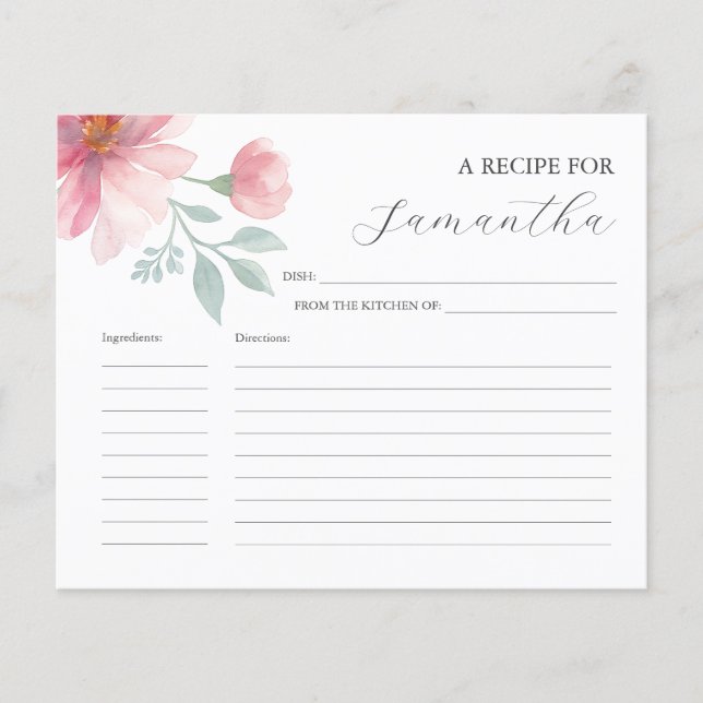 Cooking Recipe Cards Pink Watercolor Flowers (Front)