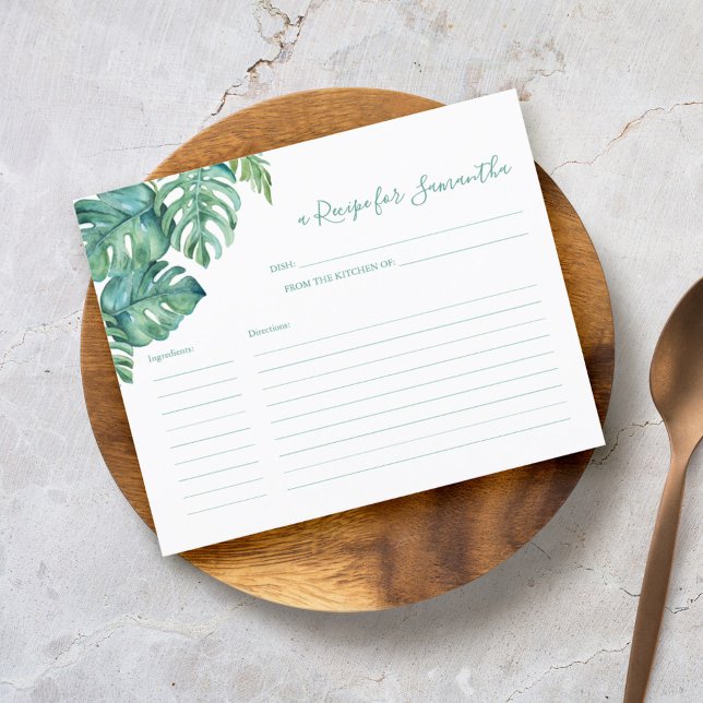 Cooking Recipe Cards Tropical Greenery (Tropical destination wedding stationery recipe for the bride card watercolor by Victoria Grigaliunas)