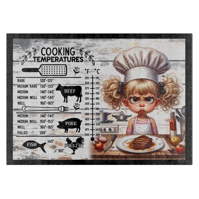 Cooking Temperature Guide for Meat – Cute Kid Chef Cutting Board (Front)