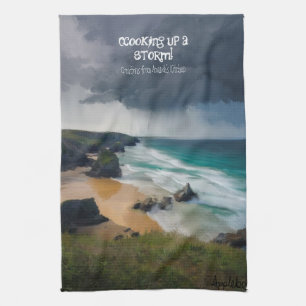Cooking up a storm moody beach teal sea tea towel