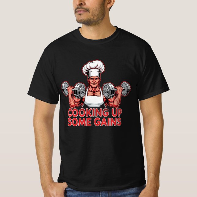 Cooking Up Some Gains - Funny Chef Bodybuilder T-Shirt (Front)