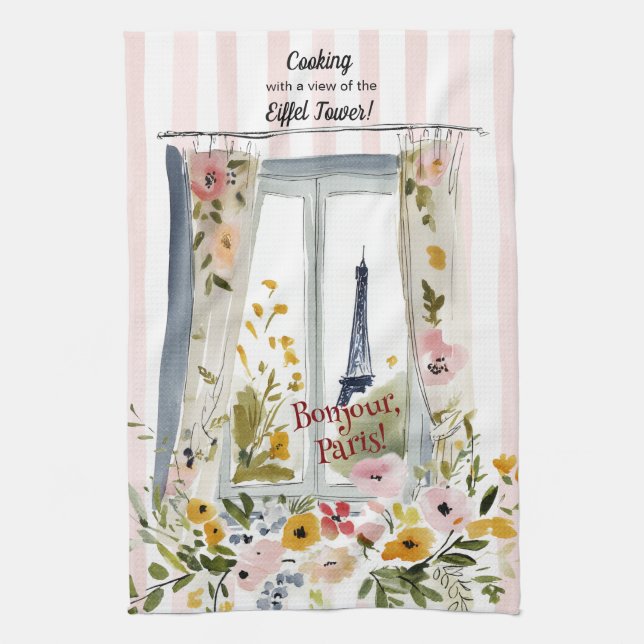 Cooking with a view of the Eiffel Tower Tea Towel (Vertical)