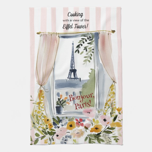 Cooking with a view of the Eiffel Tower Tea Towel (Vertical)