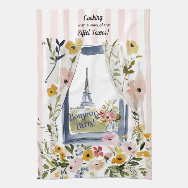 Cooking with a view of the Eiffel Tower Tea Towel (Vertical)