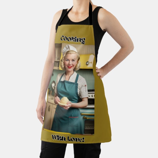 Cooking With Love Olive Adult Apron Black Straps (Insitu)