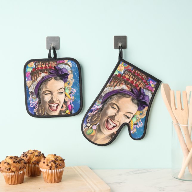 Cooking Woman Funny Oven Mitt & Pot Holder Set (Insitu(Hanging))
