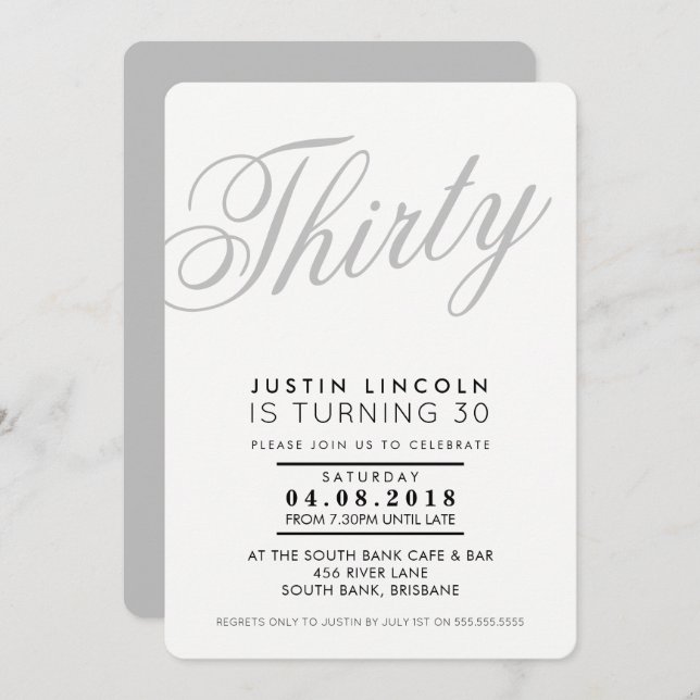 COOL 30TH birthday party INVITE script grey black (Front/Back)