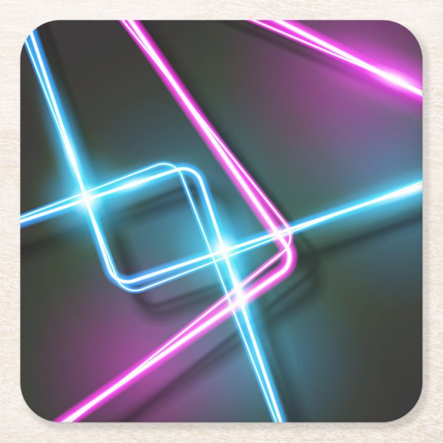 Cool 3-Dimentional Abstract Neon Lights Square Paper Coaster (Front)
