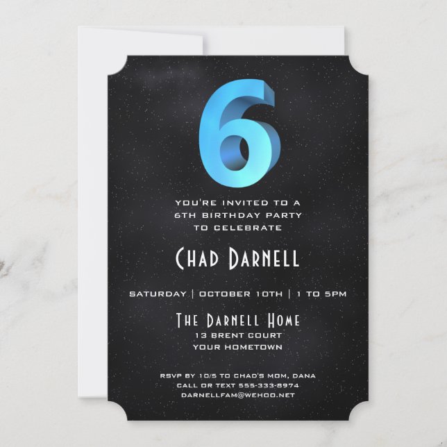 Cool 3D on Black 6th Birthday Party Invitation (Front)